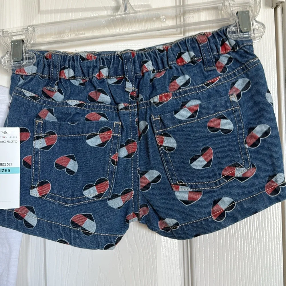 New! Tommy Hilfiger Heart Logo Tee and Patterned Denim Shorts, Size 5T